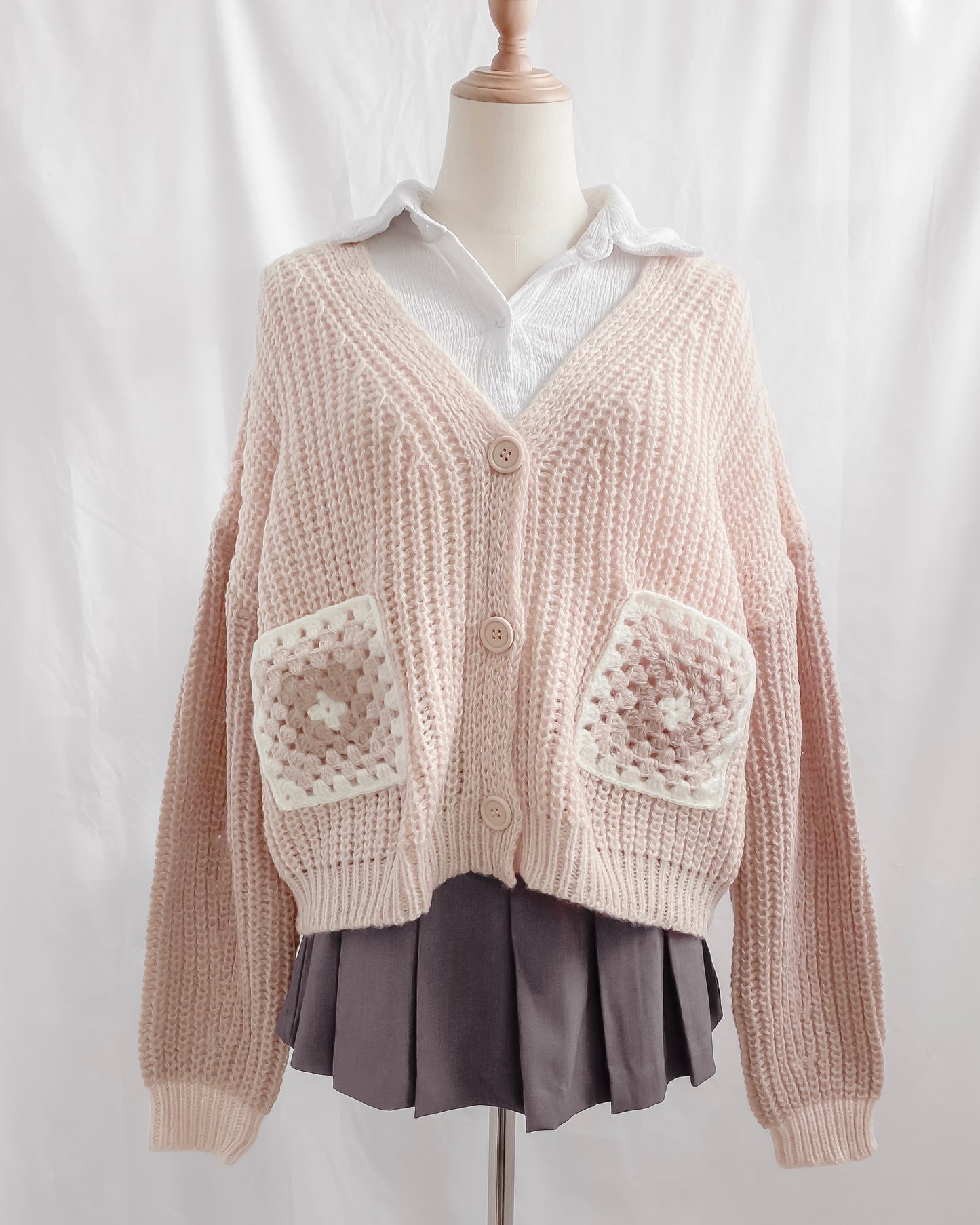 Poppy Knit Two Tone Crochet Flower Pockets Cardigan