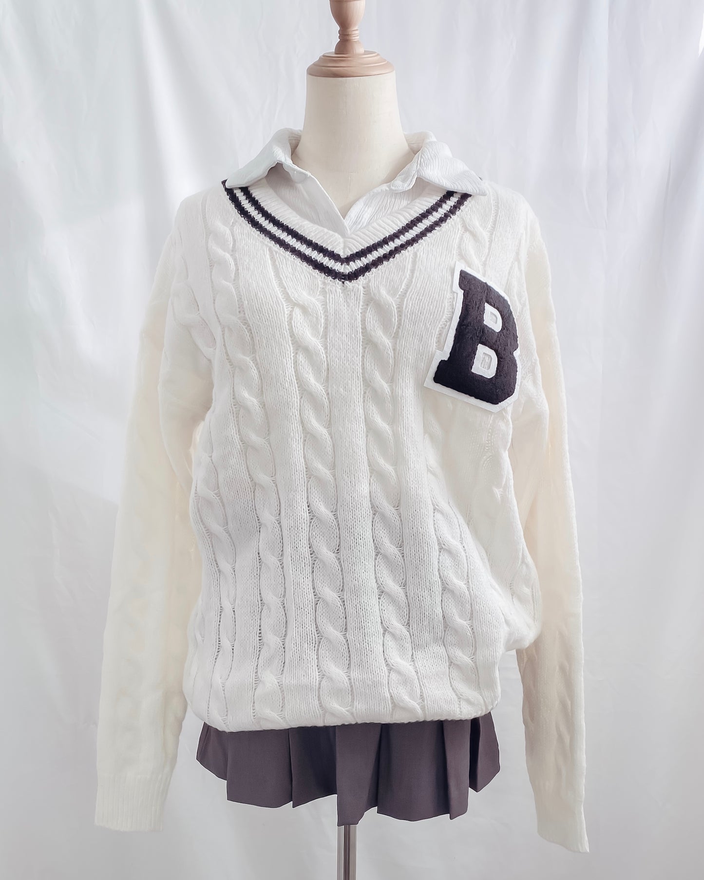 Avery Oversized V-Neck Patch Cable Knit Varsity Sweater