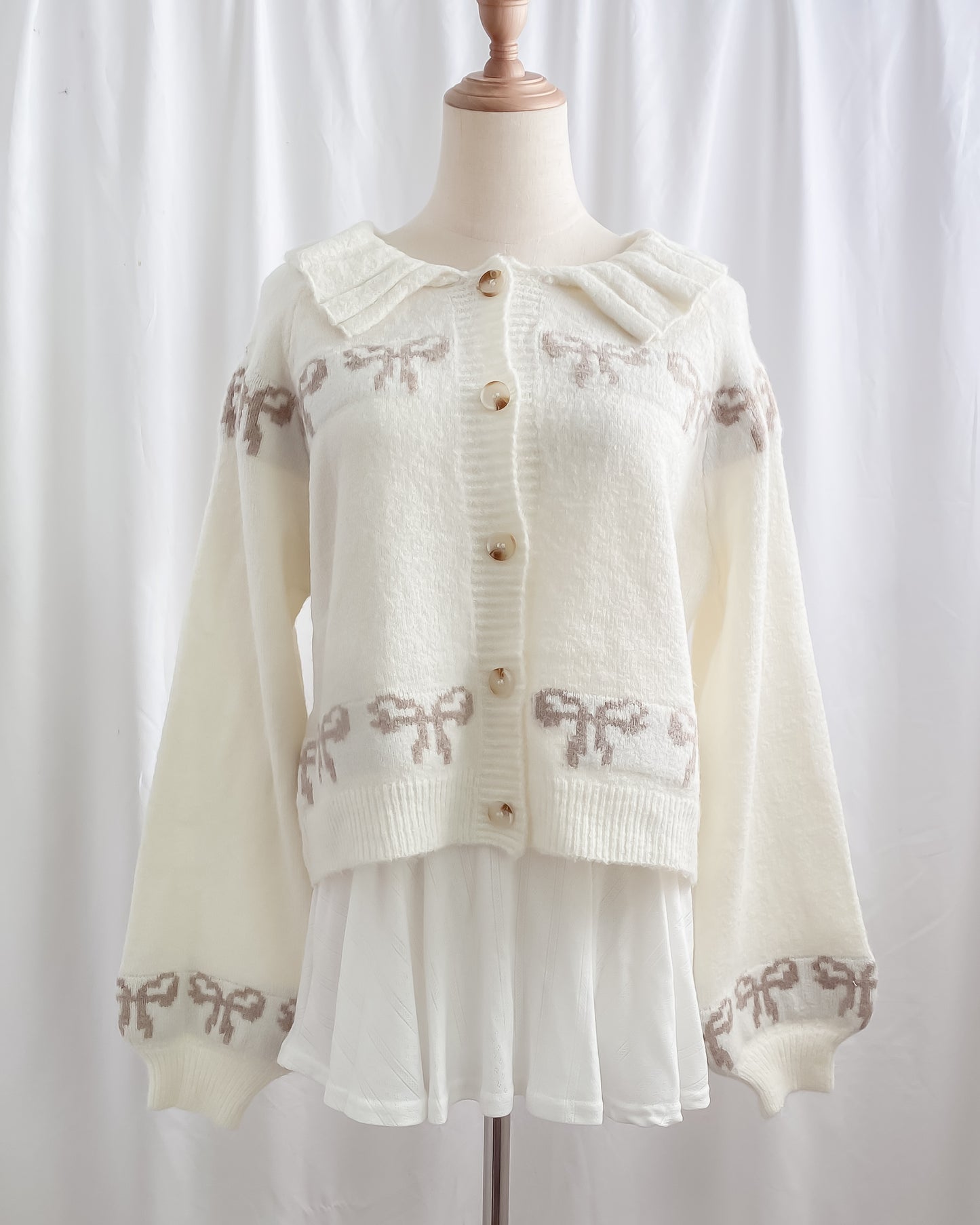 Angelina Ribbon Bows Button Up Cardigan w/ Peter Pan Collar