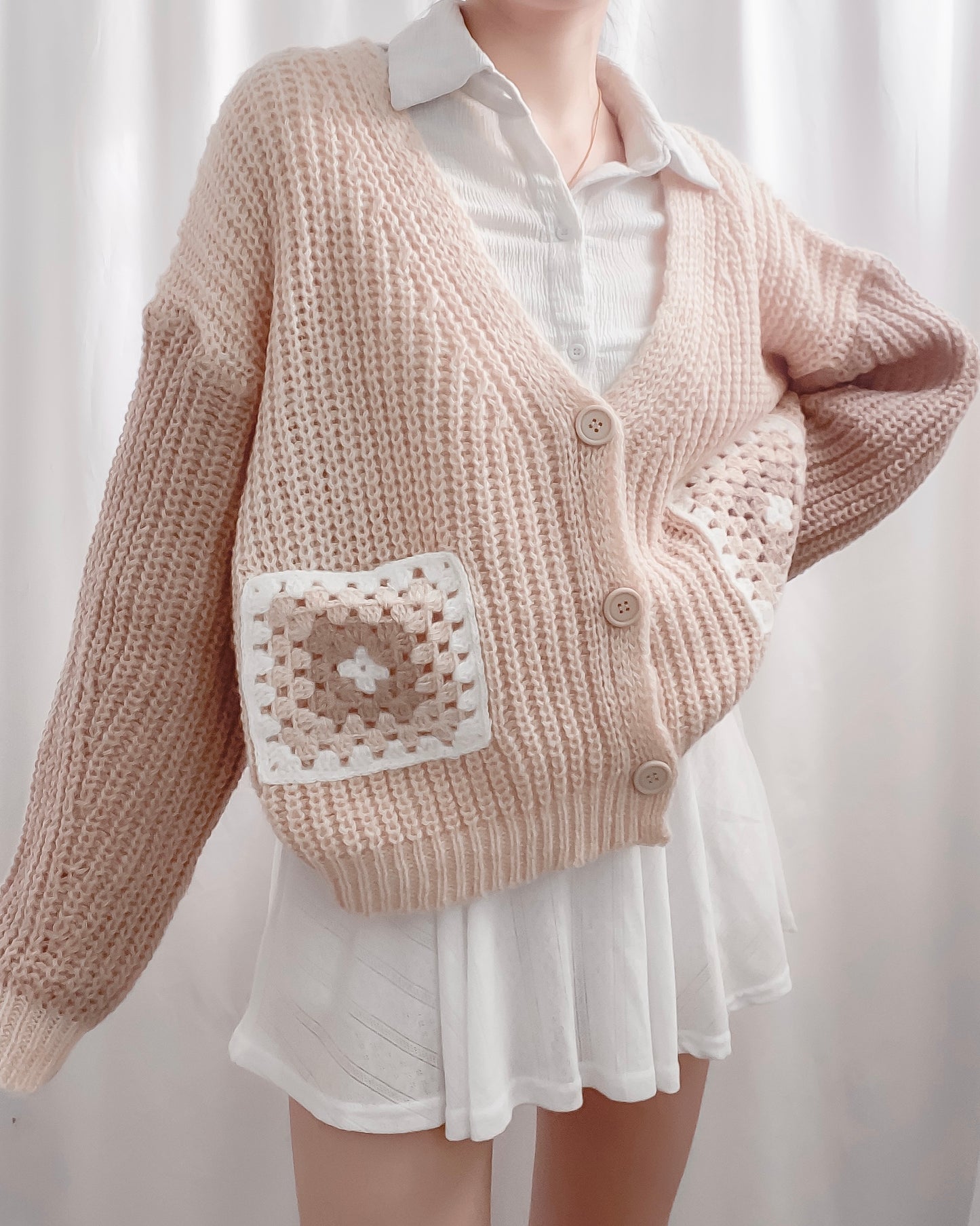 Poppy Knit Two Tone Crochet Flower Pockets Cardigan