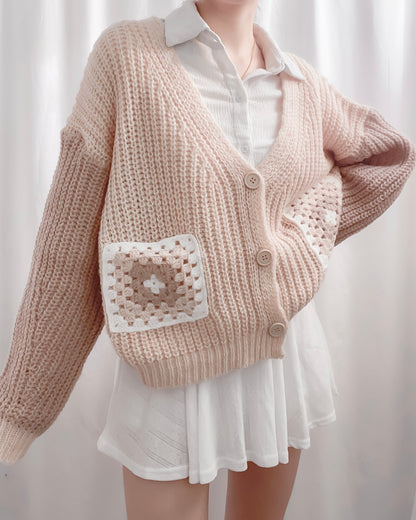 Poppy Knit Two Tone Crochet Flower Pockets Cardigan