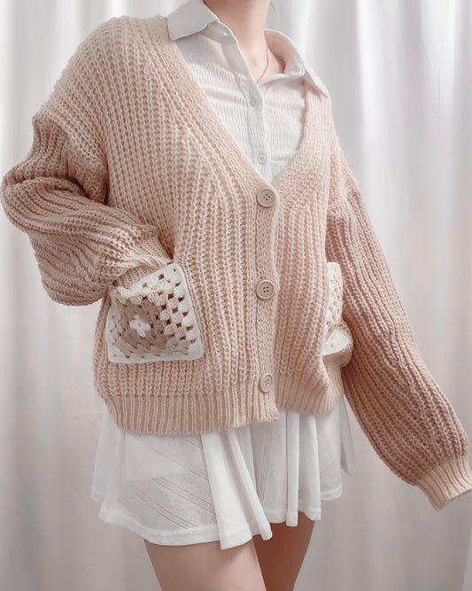 Poppy Knit Two Tone Crochet Flower Pockets Cardigan