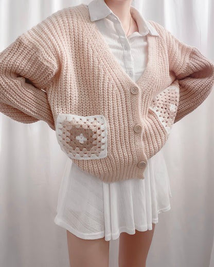 Poppy Knit Two Tone Crochet Flower Pockets Cardigan