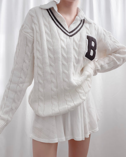 Avery Oversized V-Neck Patch Cable Knit Varsity Sweater