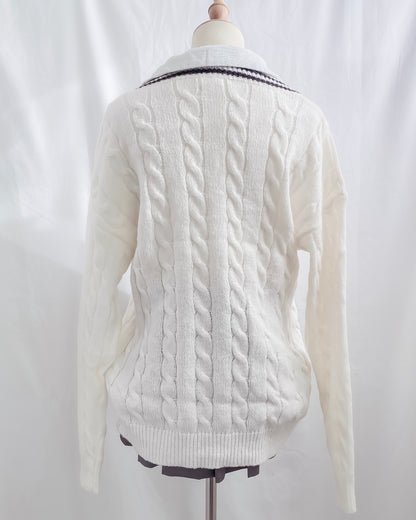 Avery Oversized V-Neck Patch Cable Knit Varsity Sweater