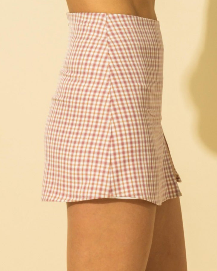 Norah Plaid A-Line Miniskirt w/ Side Slit (Mauve)