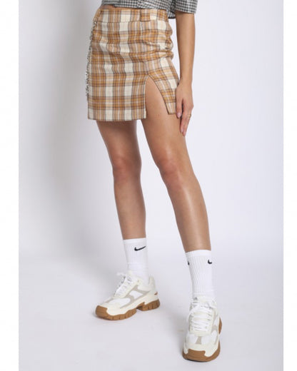 Darcy Glitter Plaid Skirt w/ Chain (Beige)