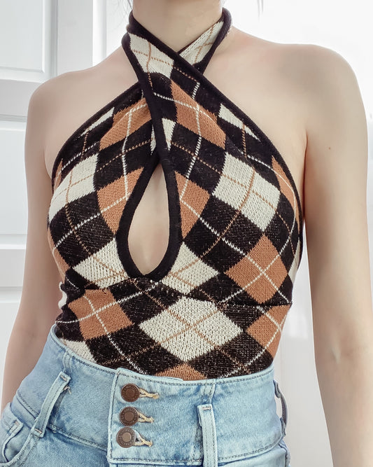 Kendall Argyle Plaid Wrap Halter Top