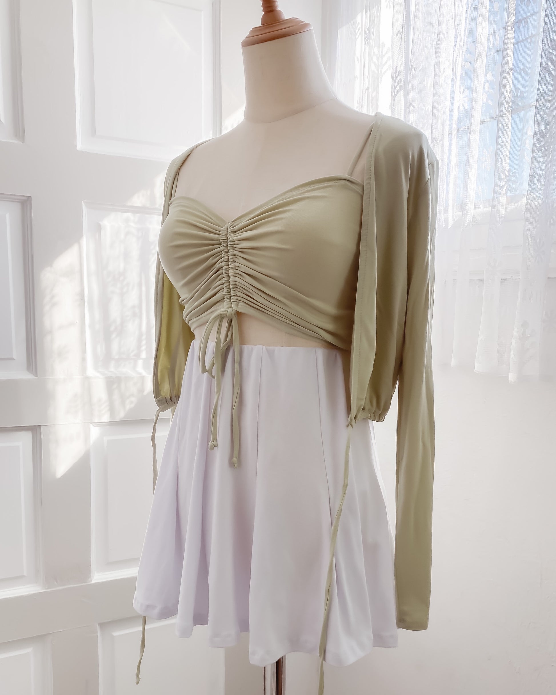 Clara Ruched 2-Piece Cardigan Set (Sage) - Skies Blush