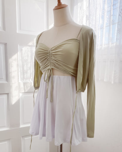 Clara Ruched 2-Piece Cardigan Set (Sage) - Skies Blush