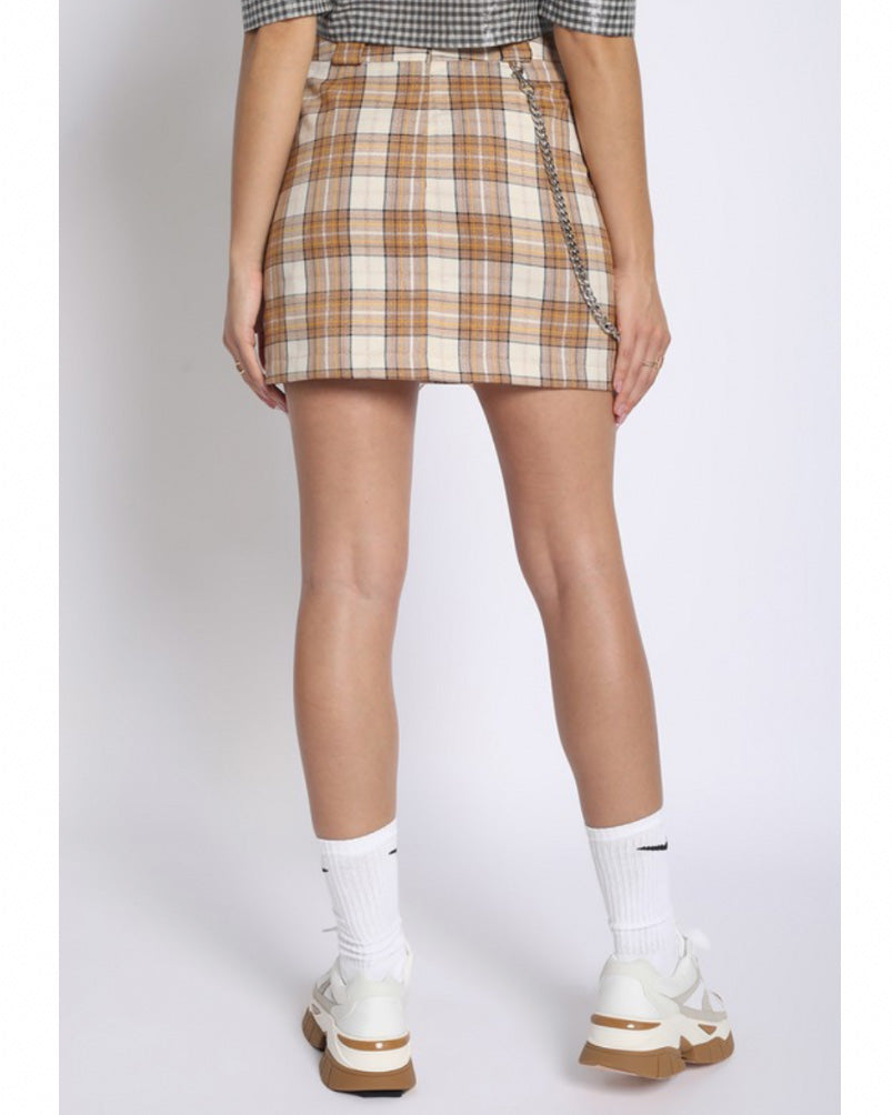 Darcy Glitter Plaid Skirt w/ Chain (Beige)