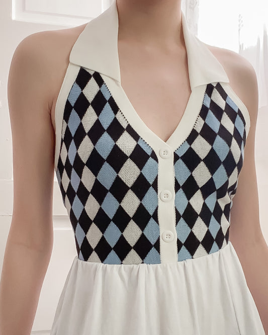 Kiera Checkered Halter Polo Neck Crop Top